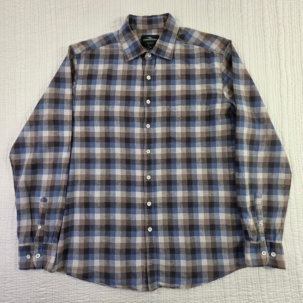 Rodd & Gunn Mens XL Sports Fit Linen Blend Plaid Button Down Shirt Blue Grey